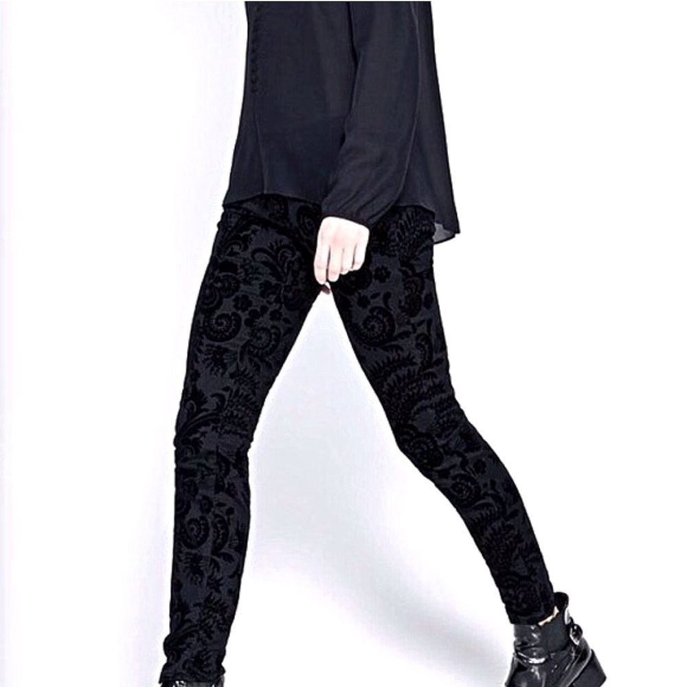 Zara black velvet flocked brocade skinny jeans